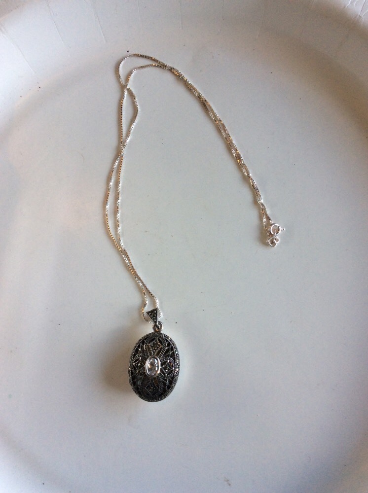 Sterling Silver CZ Marcasite Locket Pendant with 18 Inch Chain