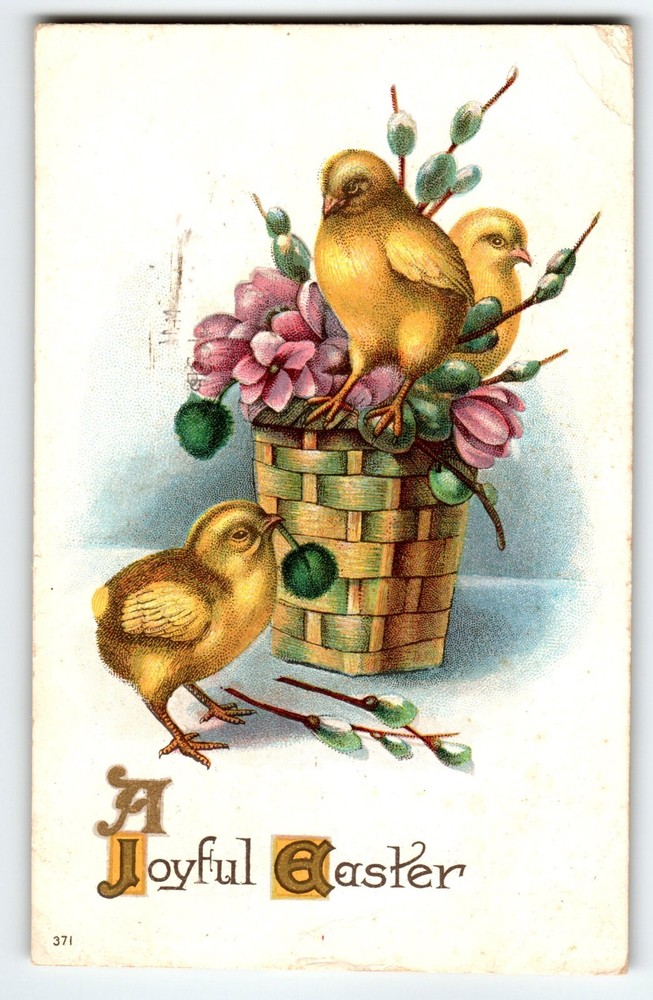 Easter Postcard Baby Chicks In Flower Basket Vintage Embossed 1918 Antique