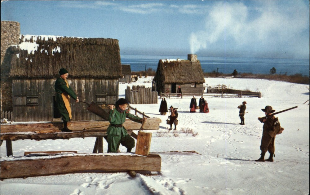 Plymouth MA Plimoth Plantation winter snow replica of Pilgrim Village postcard