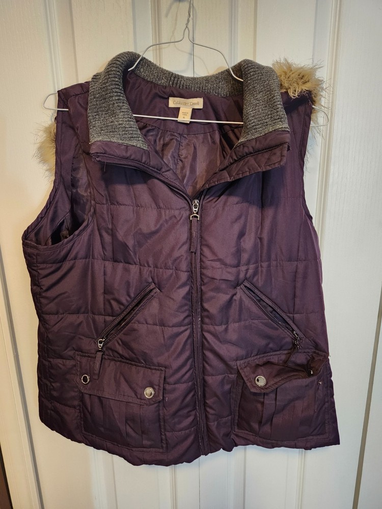 coldwater creek womens puffer vest w/ fur trim hoodie sz xl 16