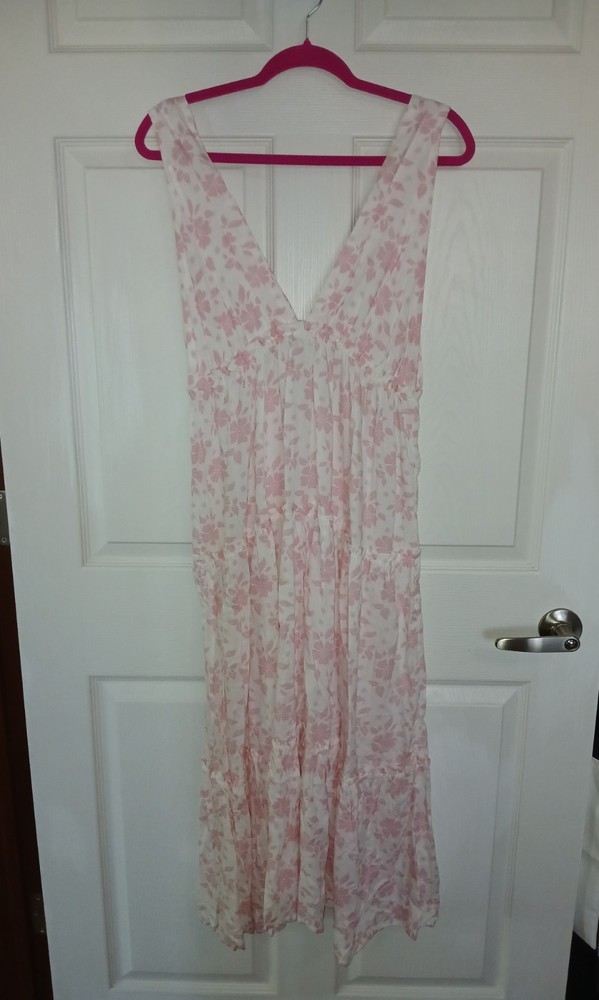 Salty Lemon Women’s Large Pink Floral Rayon Maxi Dress Beach Wedding Flowy