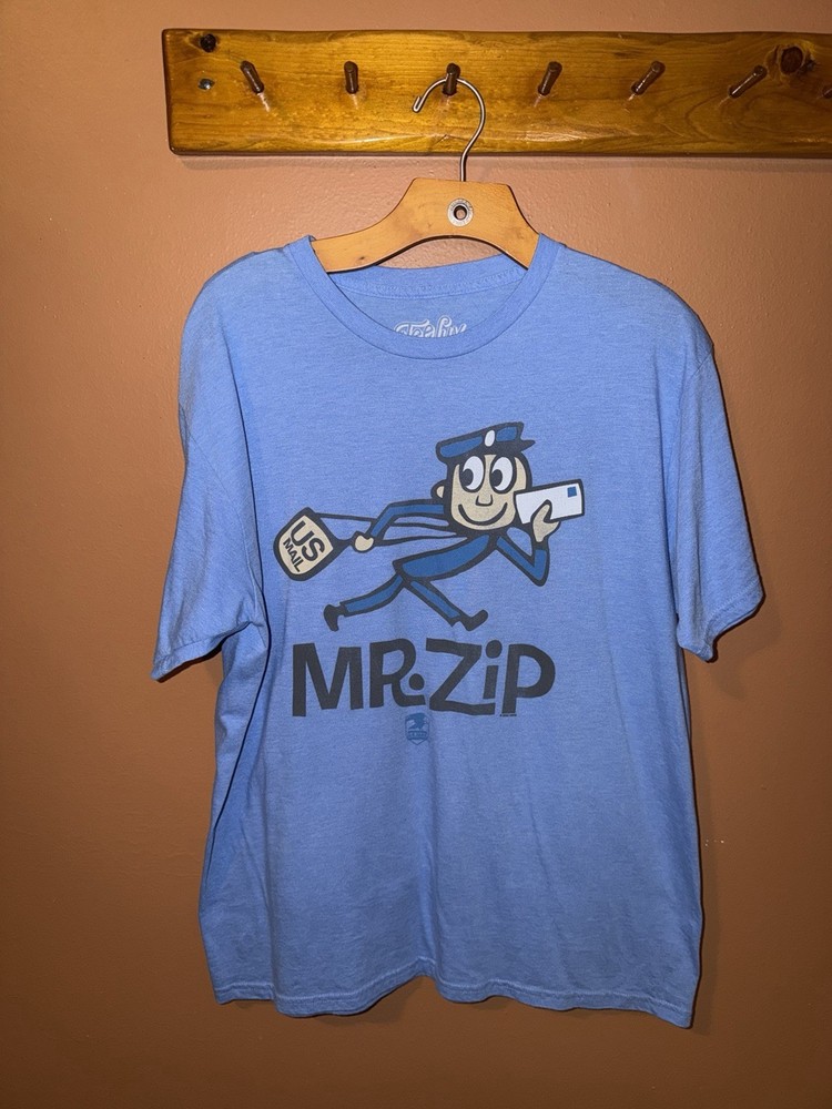 USPS Mr Zip T-Shirt Large Blue Postal Service Graphic Tee Mailman Vintage Style