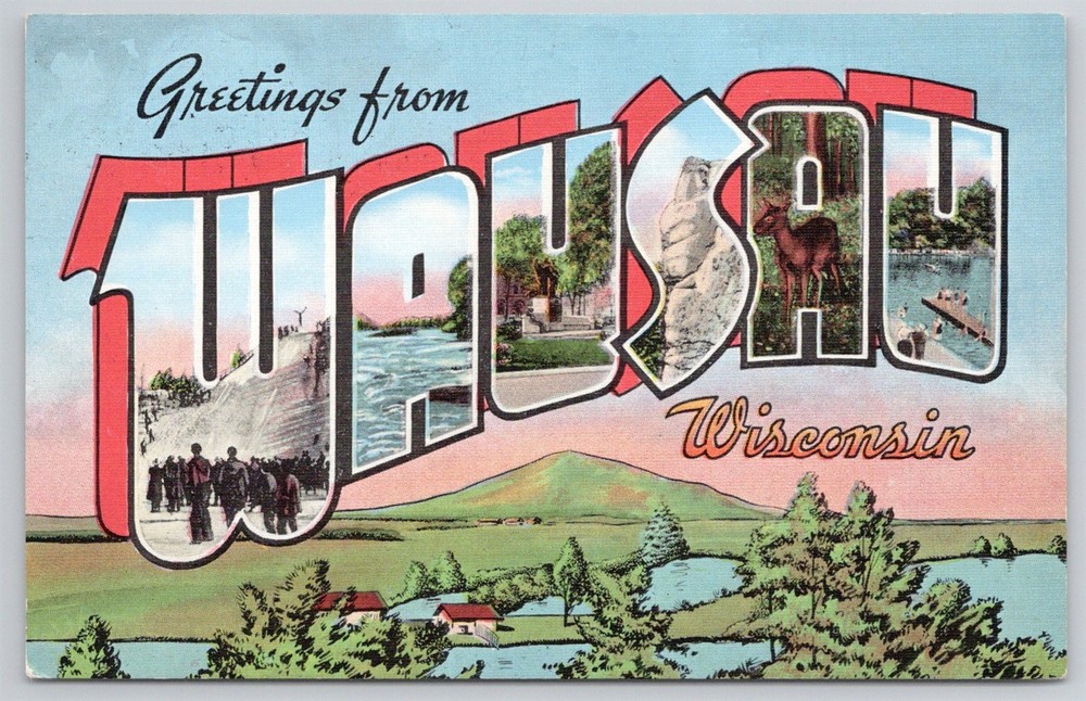 Greetings From Wausau WI Large Letter Multi View Linen Postcard AL11