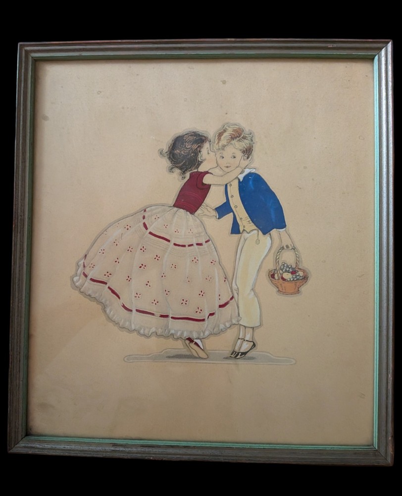 Gladys T Gibbs Antique Framed Hand Colored Lithograph KISS FROM A MISS Valentine