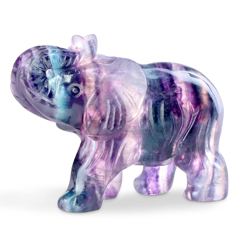 2.5 Inch Hand Carved Rainbow Fluorite Crystal Elephant Decor Gemstone Animal Healing Statue