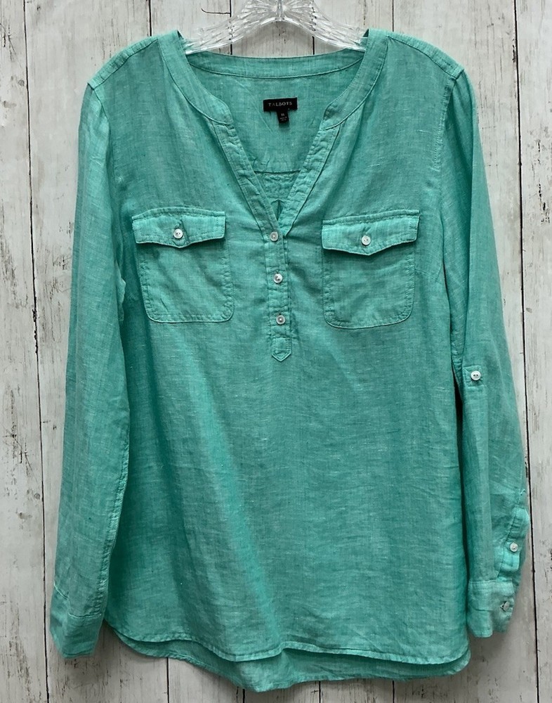 Women’s Talbots Medium Green V-Neck Long Sleeve Top Roll Tab Sleeves Blouse