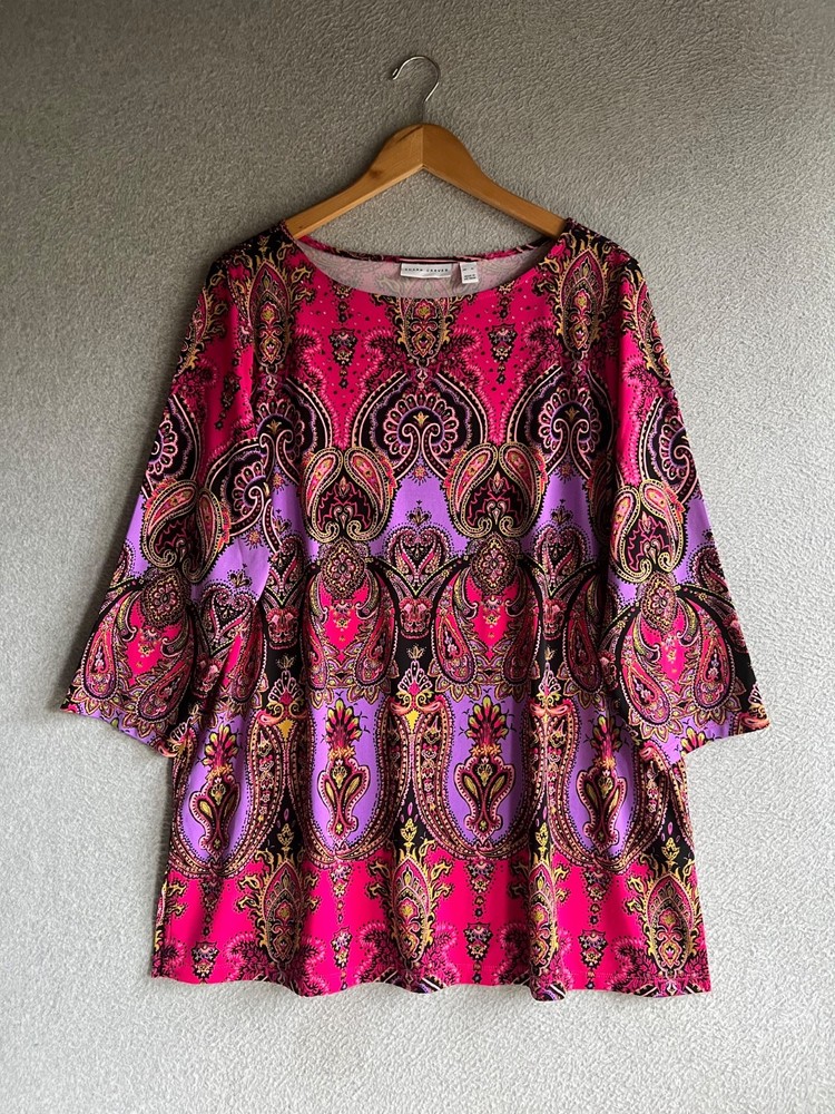 Susan Graver Blouse Womens XL Paisley Floral Boho Artsy Whimsical