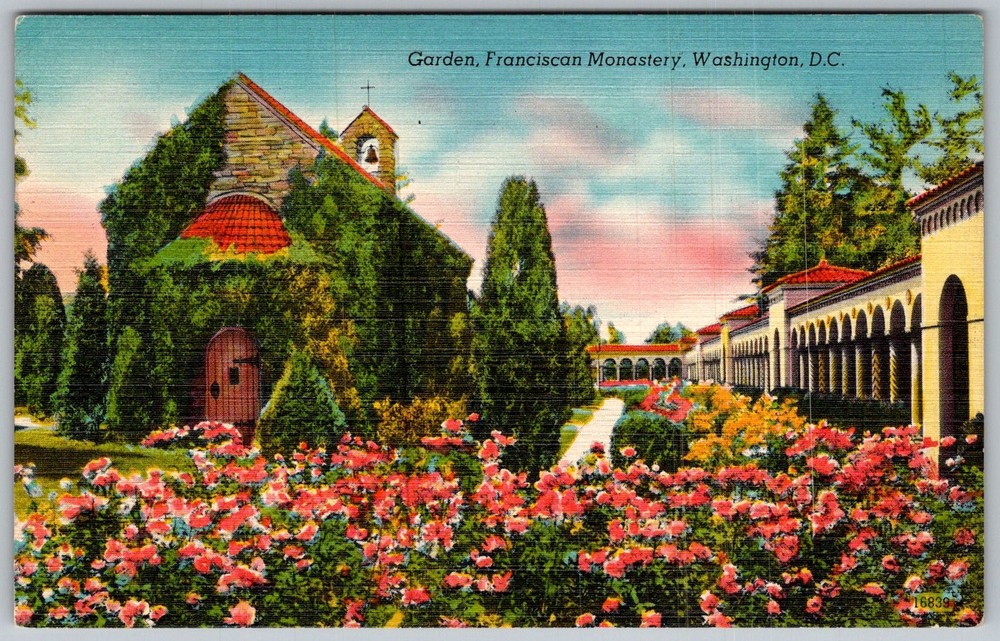 Vtg Linen Postcard Franciscan Monastery Garden Washington, DC 1930s