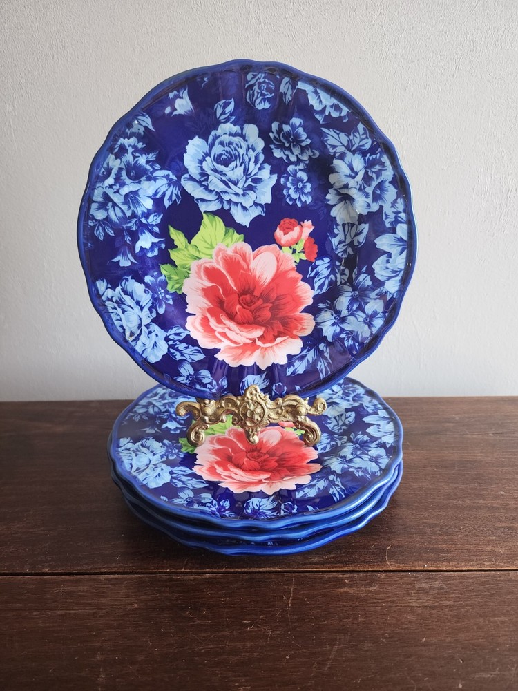 Set Of 4 VTG Heritage Floral Pioneer Woman Blue Stoneware 8-3/4