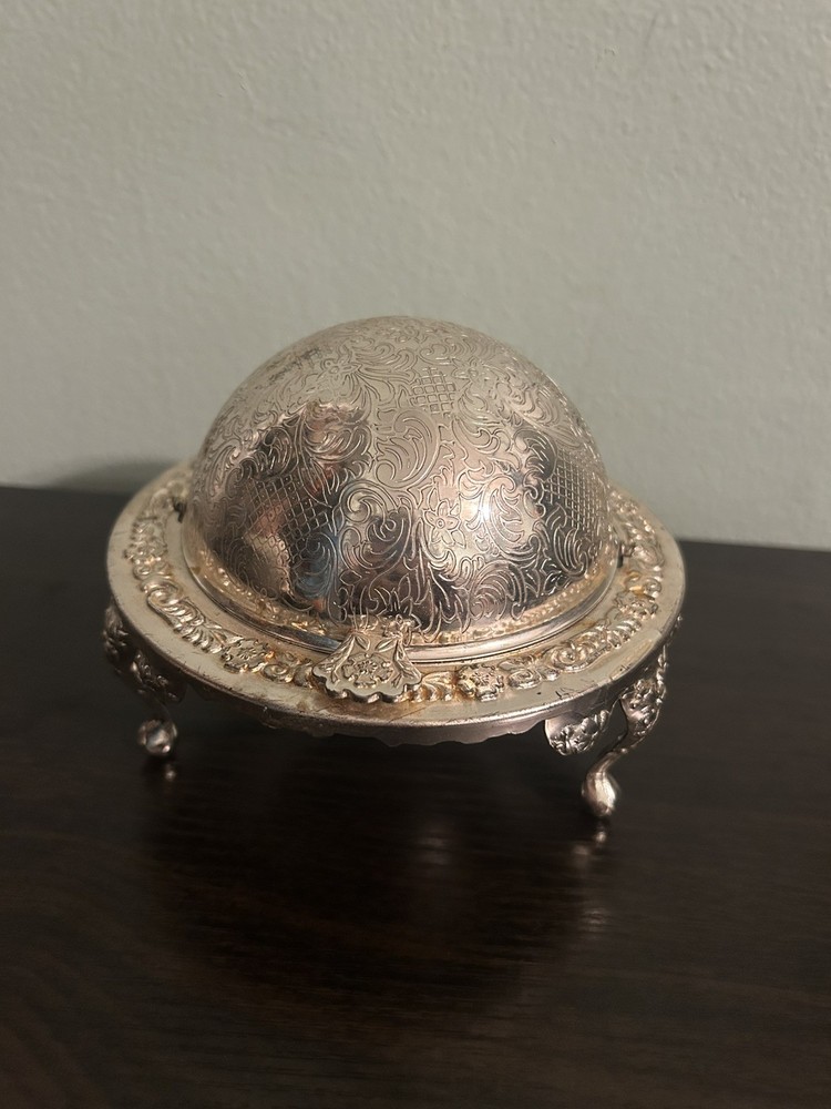 Old Vintage Silver-Plated Caviar Container English Marked Hooded Original Liner