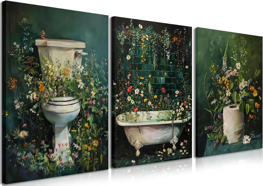 Framed Vintage Floral Bathroom Wall Art Set of 3, Dark Green Moody Flower Canvas