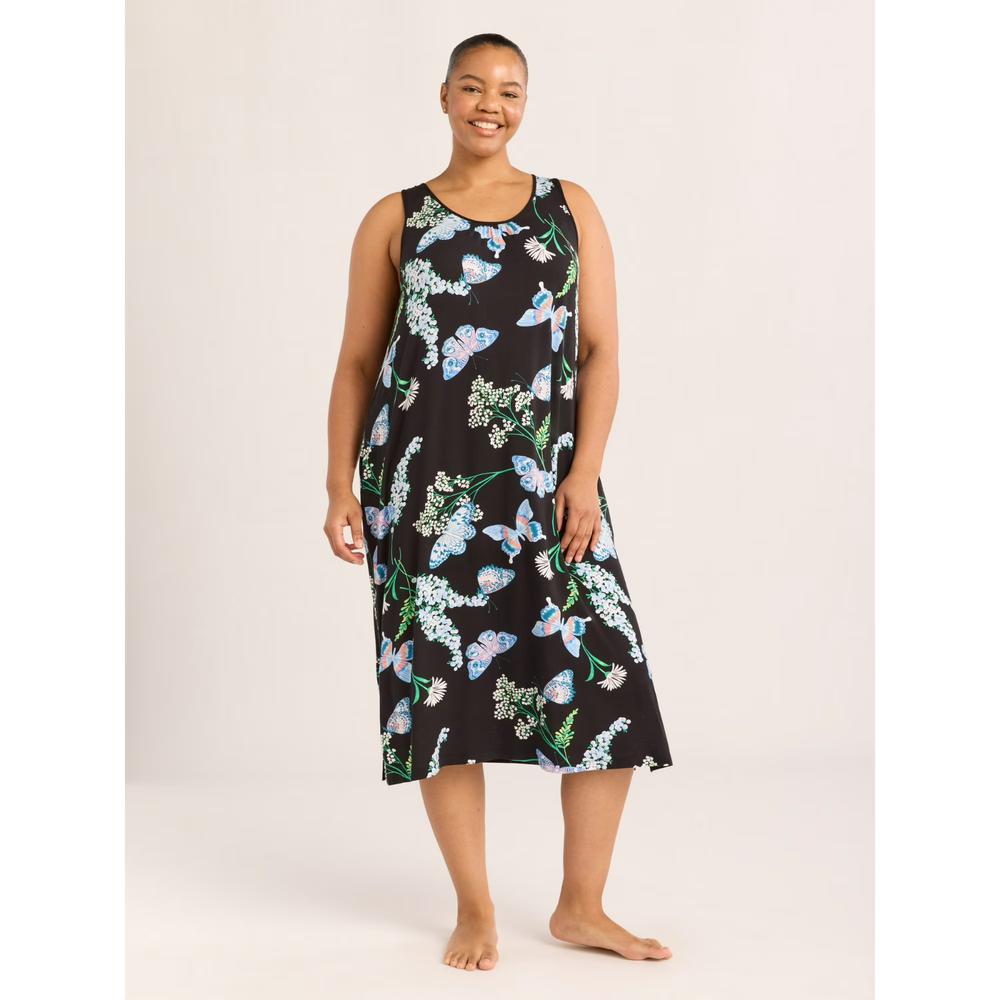 JOYSPUN SLEEVELESS NECK MIDI NIGHTGOWN BLACK BLUE BUTTERFLY  FLORAL 3X 22W-24W