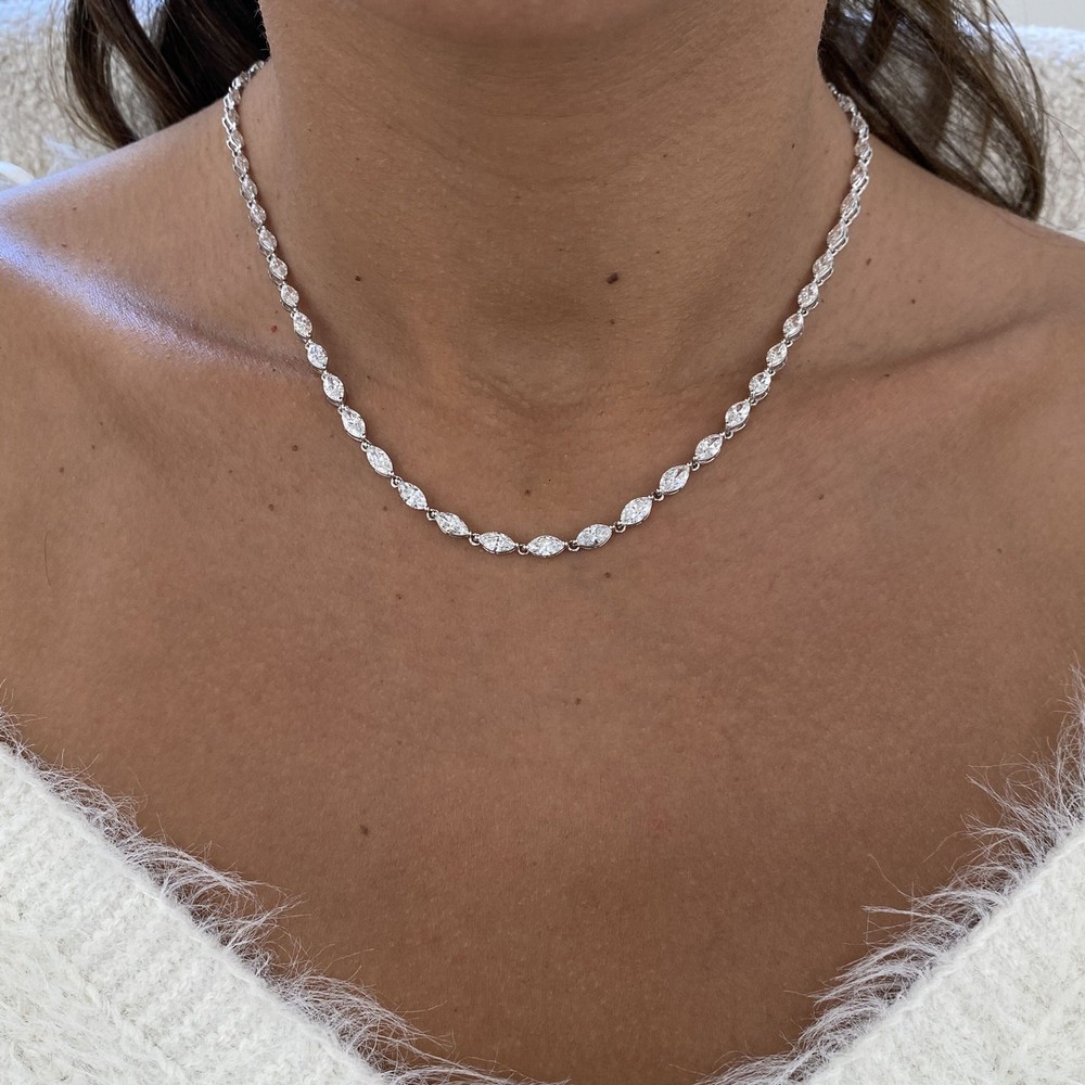 Marquise Lab-Created Diamond Tennis Necklace 14K White Gold 9.09 Ct F/VS