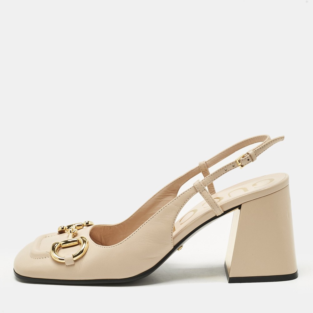 Gucci Beige Leather Horsebit Slingback Pumps Size 38