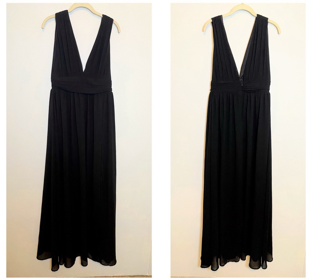 Lulus Heavenly Hues Black Deep V-Neck Chiffon Layered Maxi Dress Sz M