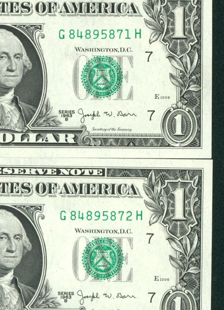 (( TWO CONSECUTIVE )) $1 1963 ((CHOICE CU)) ((JOSEPH BARR)) Federal Reserve