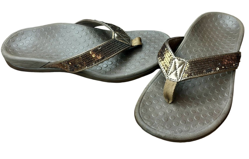 Vionic Orthaheel Tides Q Brown Sequin Sandals Womens Size 6 Excellent Condition