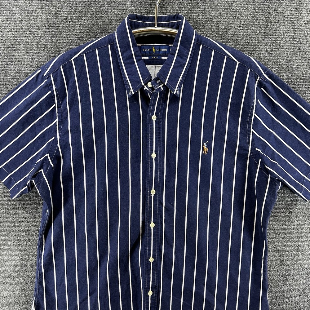 Polo Ralph Lauren Button Down Shirt Mens XL Slim Fit Navy Striped Short Sleeve