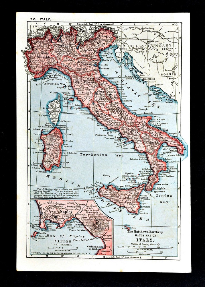1900 Mathews-Northrup Map - Italy Rome Florence Venice Naples Sicily Milan Etna