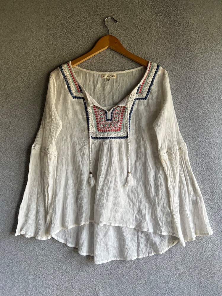 Billabong Womens Large Embroidered Sheer Boho Blouse with Tassels
