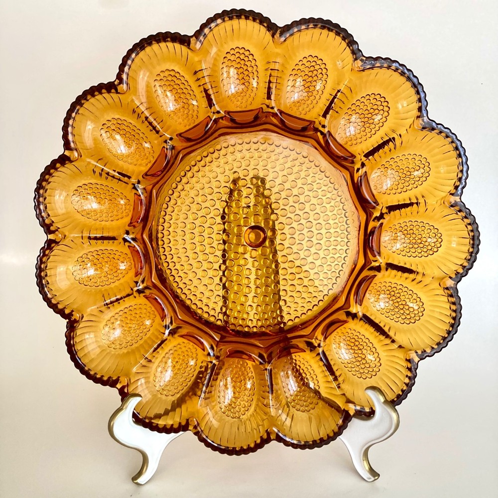 Vintage Indiana Glass Amber Hobnail Deviled Egg Plate