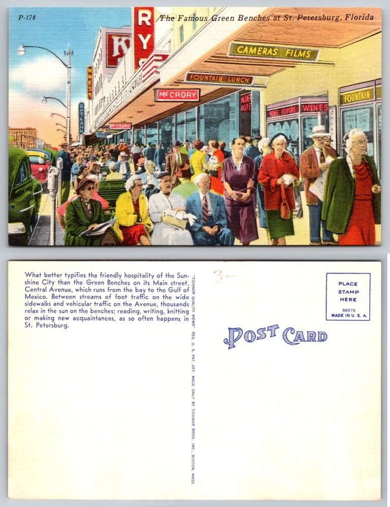 Vintage Linen Postcard St. Petersburg FL Famous Green Benches Busy Street
