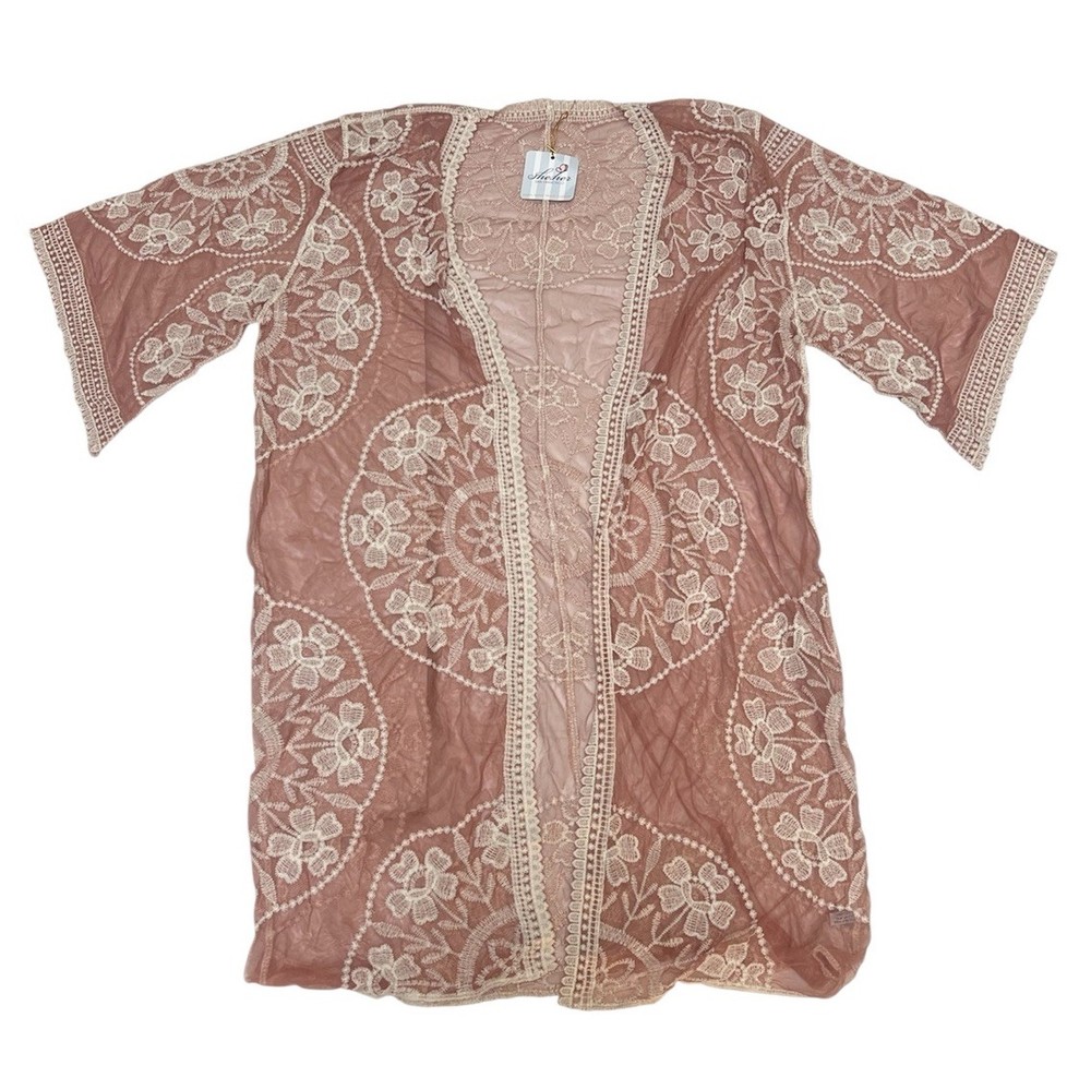 Boho Open Front Duster Cardigan Embroidered Lace Pink Cover Up Kimono One Size