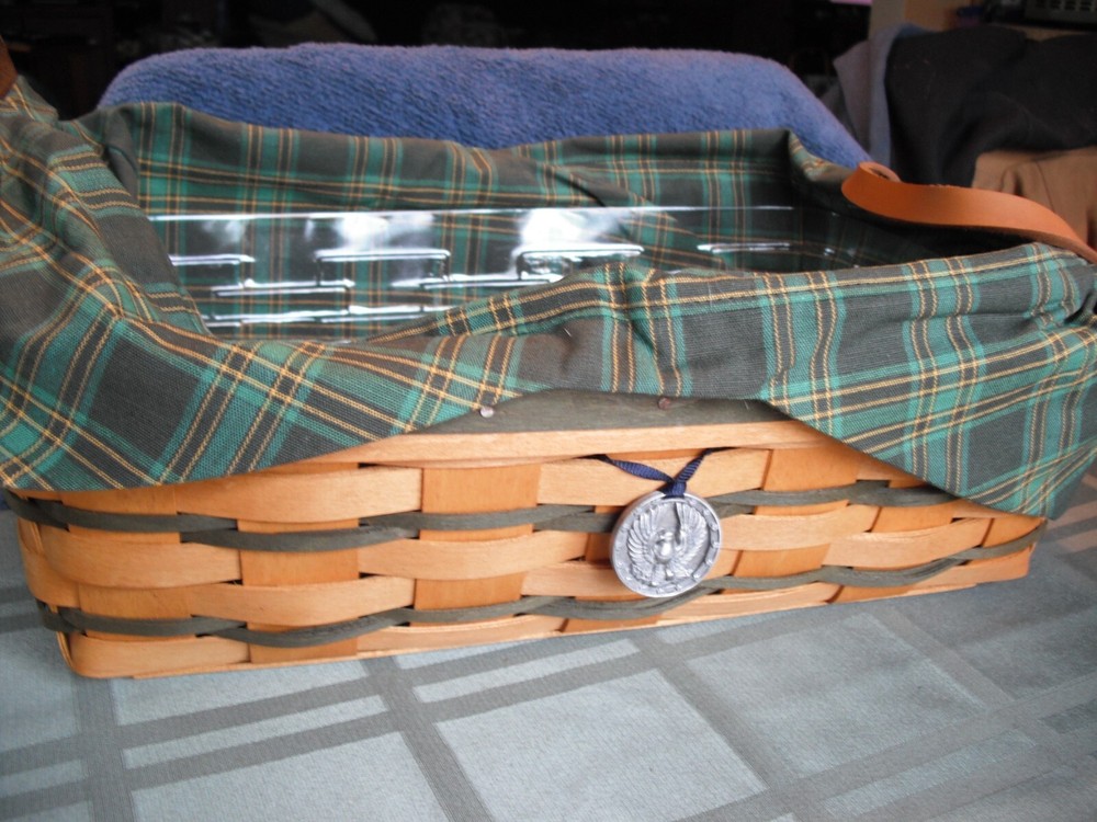 Longaberger 1997 Oblong Basket Green Plaid Liner Protector Tie-On