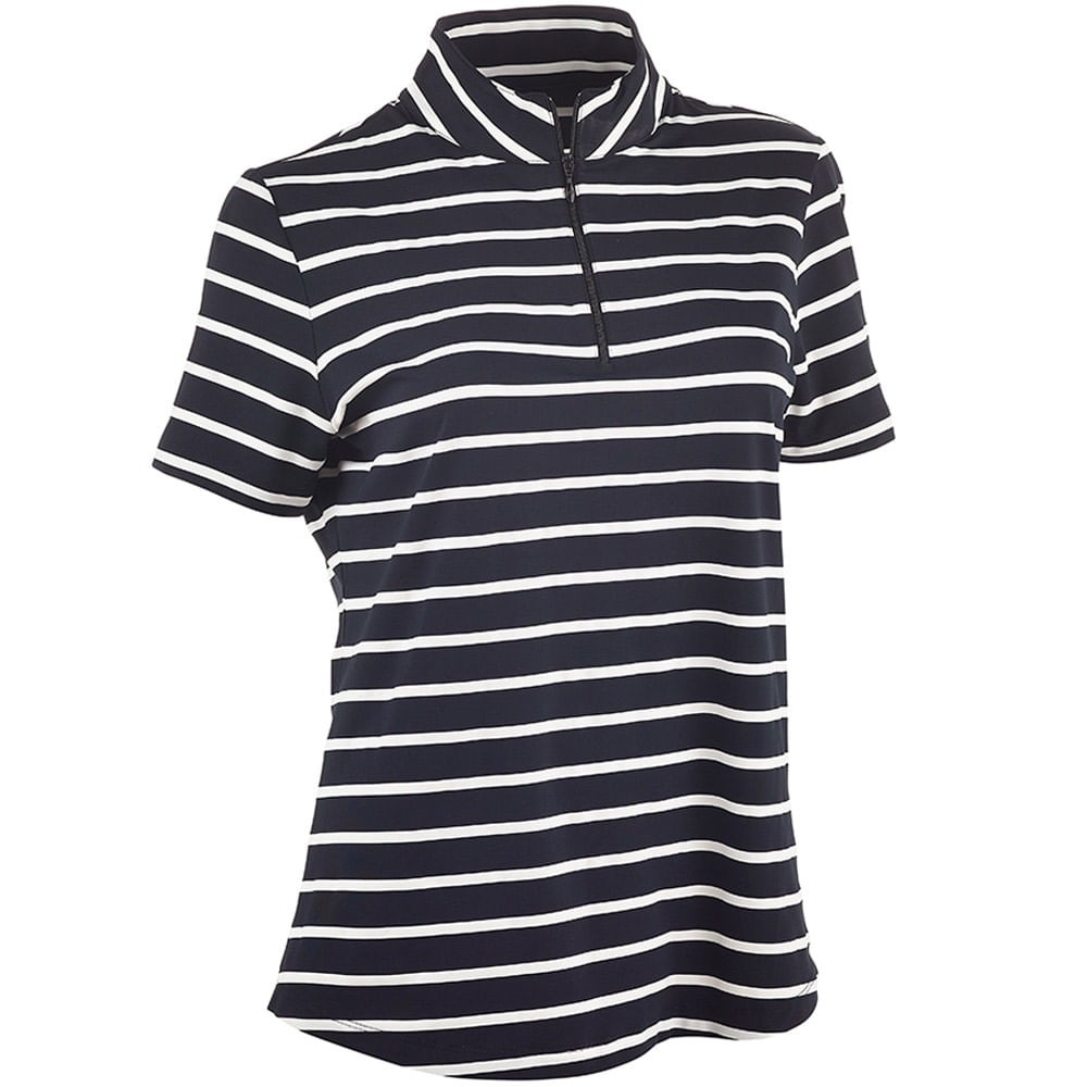 IBKUL Short Sleeve 1/4-Zip Mock Neck Top - Wide Stripe Black/White XS