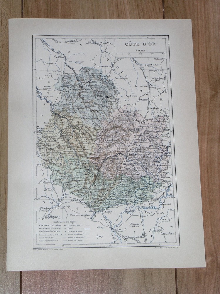 1887 Original Antique Map Of Department Of Cote-D'or Dijon / France