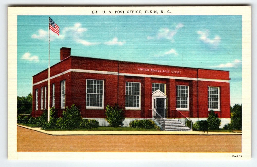 US Post Office Building Elkin North Carolina Linen Postcard Vintage Unused NOS