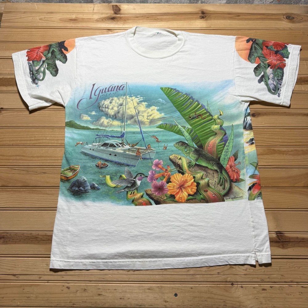 Vintage 1994 Caribbean Soul Iguana Island Double Sided Nature Tropical Shirt XL