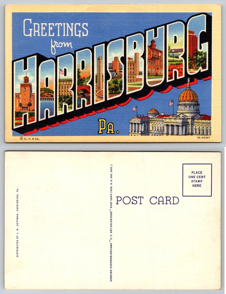 Greetings from Harrisburg PA Linen Postcard Capitol Building City Views