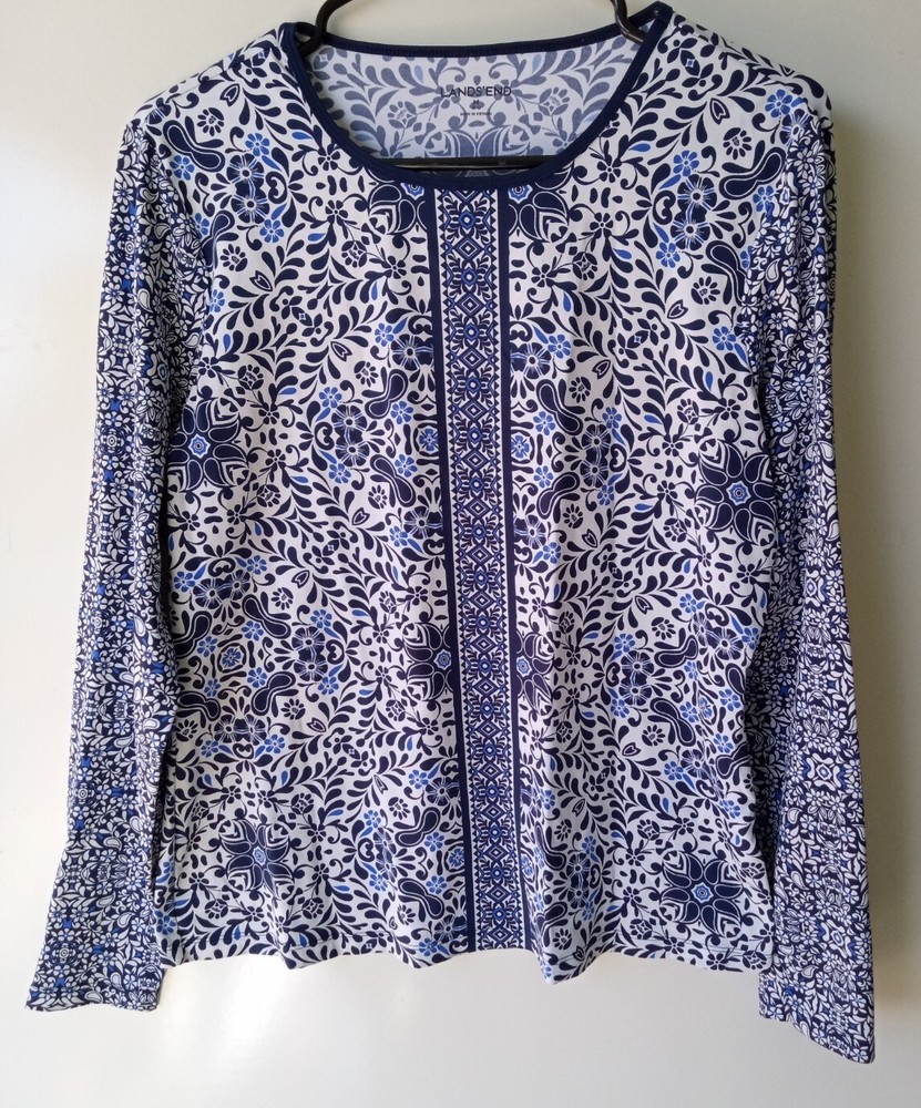 LANDS END Blue Long Sleeve Womens Blouse Size M 10-12 Casual Comfort Fit