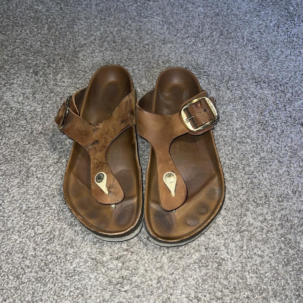 Birkenstock Gizeh Big Gold Buckle Leather Sandals Thongs sz 39 8-8.5
