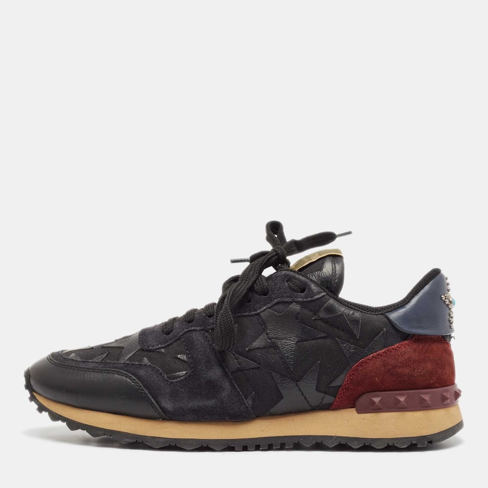Valentino BlackBurgundy Leather and Suede Rockrunner Low Top Sneakers Size 40