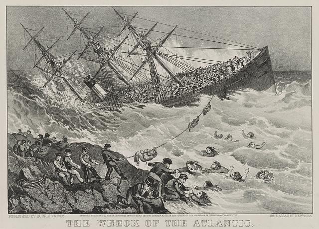 The wreck of the Atlantic,Ship,people,waves,shore,c1873,Currier & Ives Photo