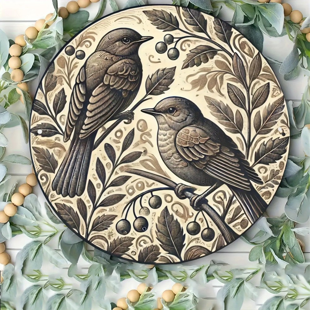 Vintage Double Bird Branch Round Aluminum Wall Art 8 Inch
