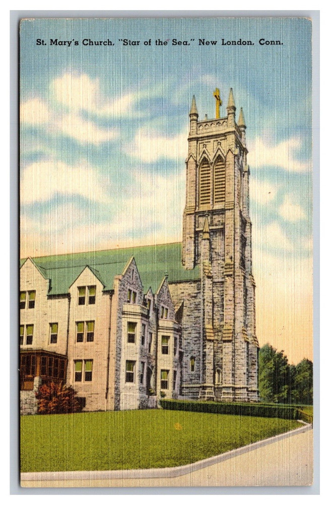 New London CT St Mary's Church Star of the Sea Unposted Linen Postcard