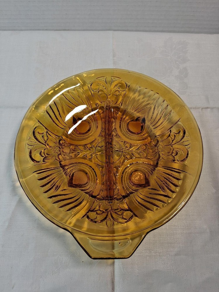 #100A-Vintage Amber Indiana Glass Killarney Pattern Glass Divided Dish