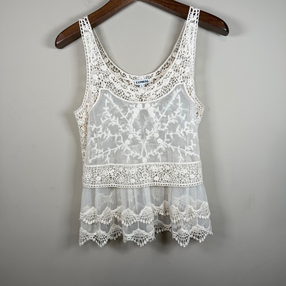 Express Crochet Sheer Lace Peplum Tank Top Small Boho Fairy Coquette