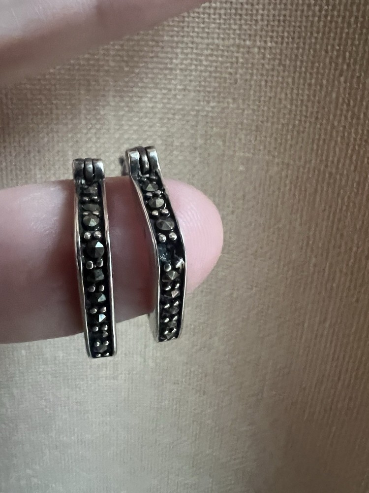 Vintage Sterling Silver Hoop earrings featuring faceted marcasite stones