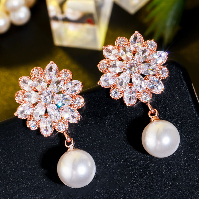 White Cubic Zirconia Rose Gold Plated Crystal Flower Pearl Dangle Drop Earrings