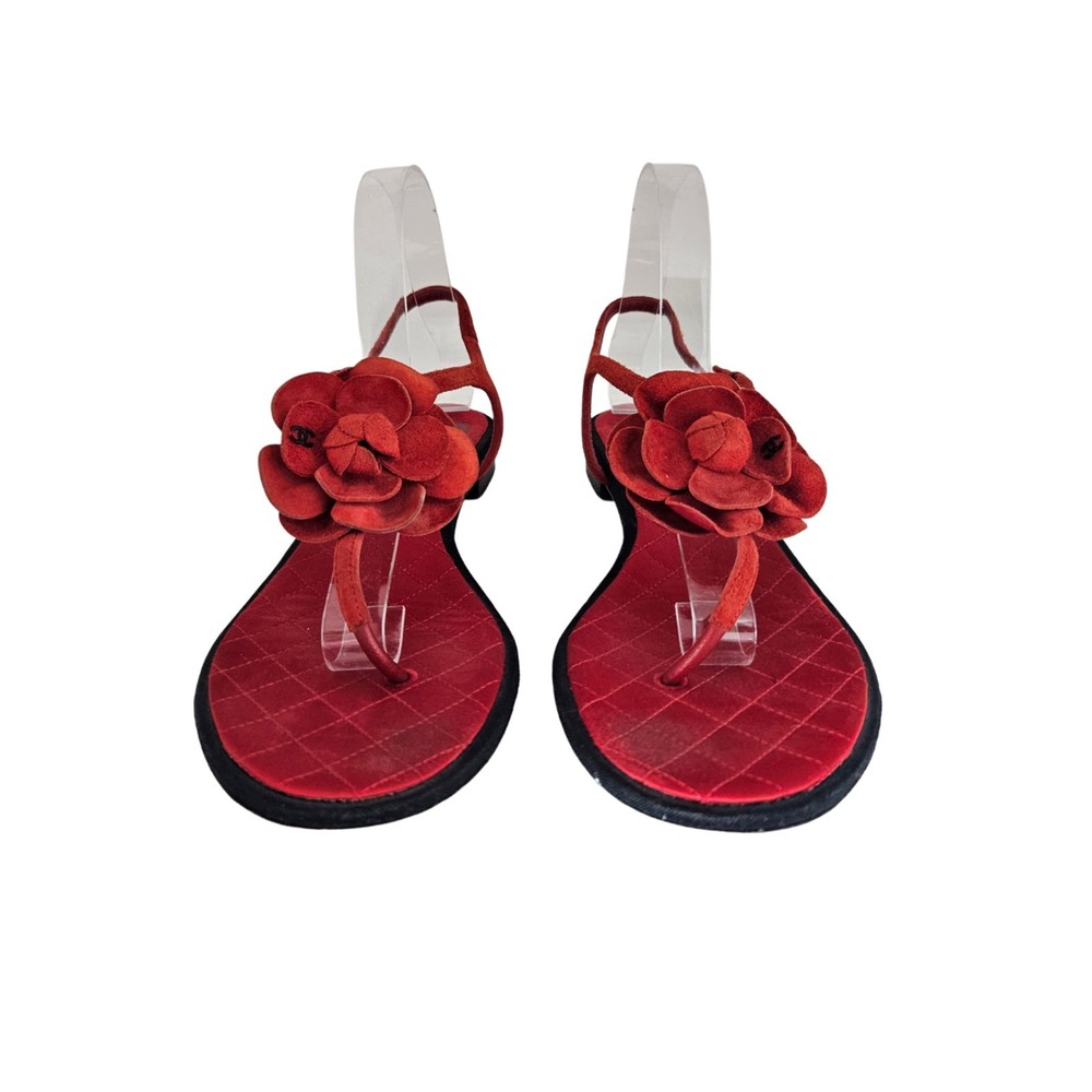 Chanel Red Camellia CC Ankle Strap Flat Sandals for Women