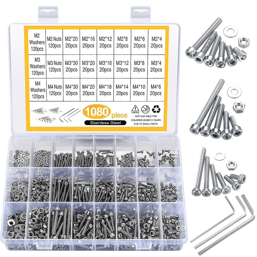 1080Pcs Screws Bolts and Nuts and Washers Assortment Set, Metric M4 M3 M2 Steel