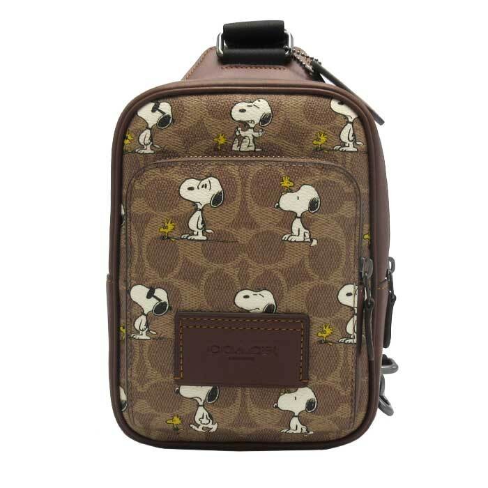 Coach X Peanuts Racer Snoopy Signature Print Sling Body Shoulder Bag Tan Multi