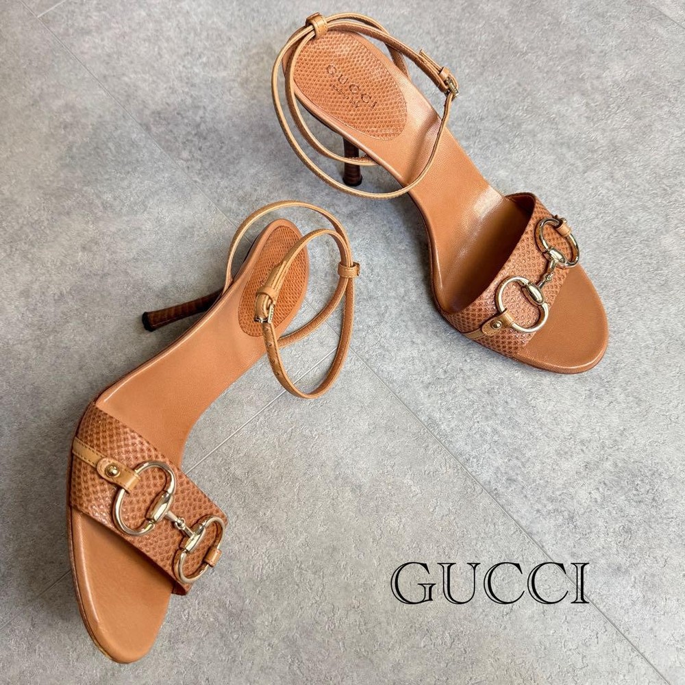 GUCCI Horsebit Leather Sandals Brown Size 35.5 US 5.5 Rare GG Strap Pumps