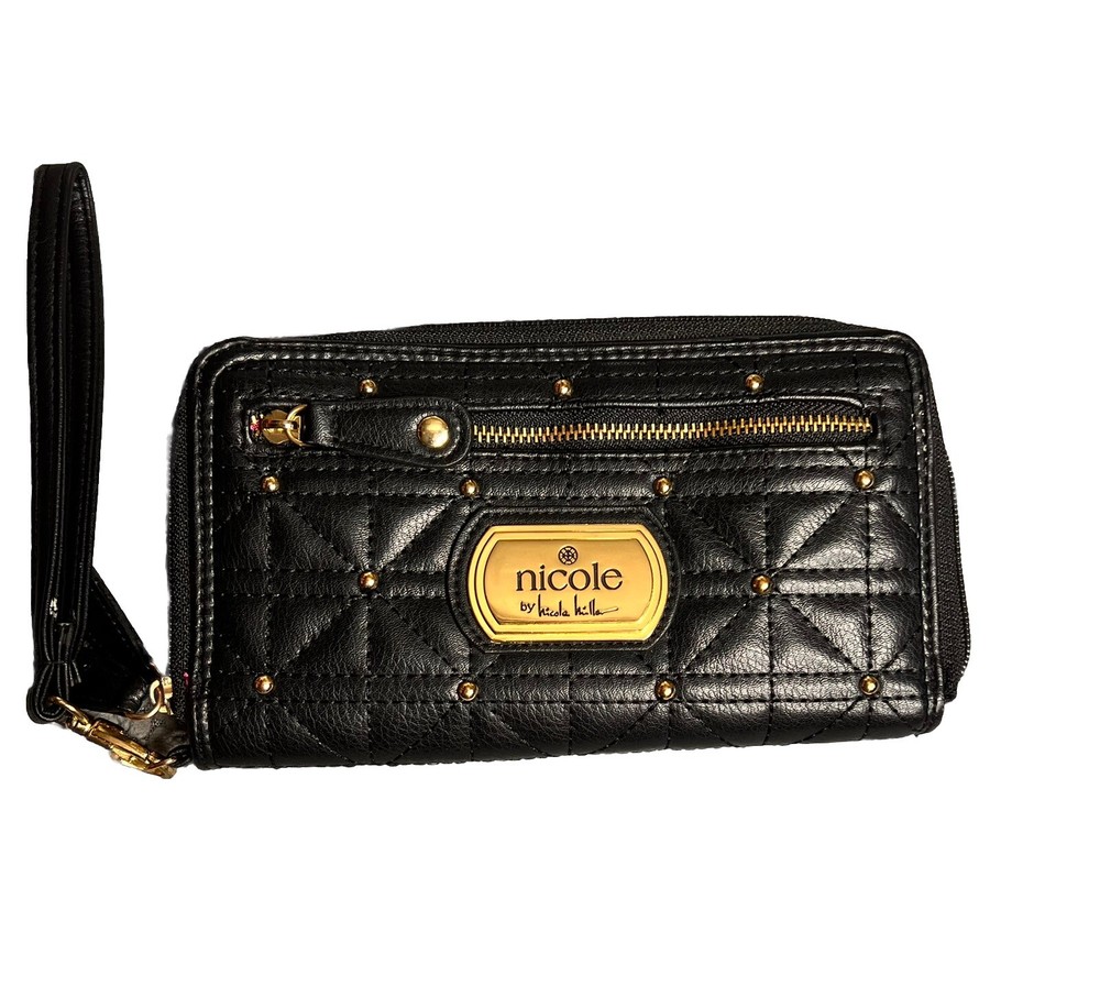 Nicole Miller Black and Gold Zip Wristlet with Card Slots