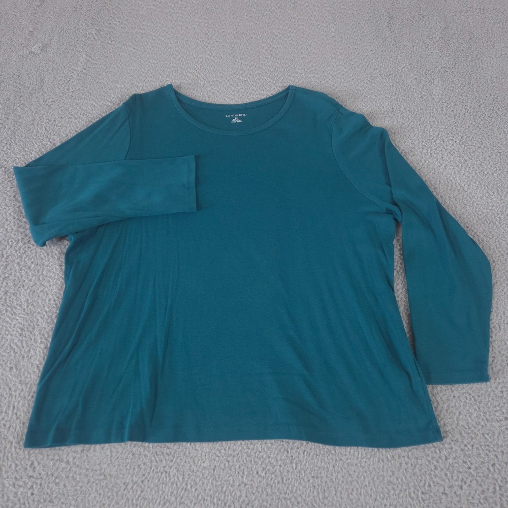 Lands End Shirt Women 2X 20W-22W Teal Cotton Rib T-Shirt Tunic Office Lagenlook