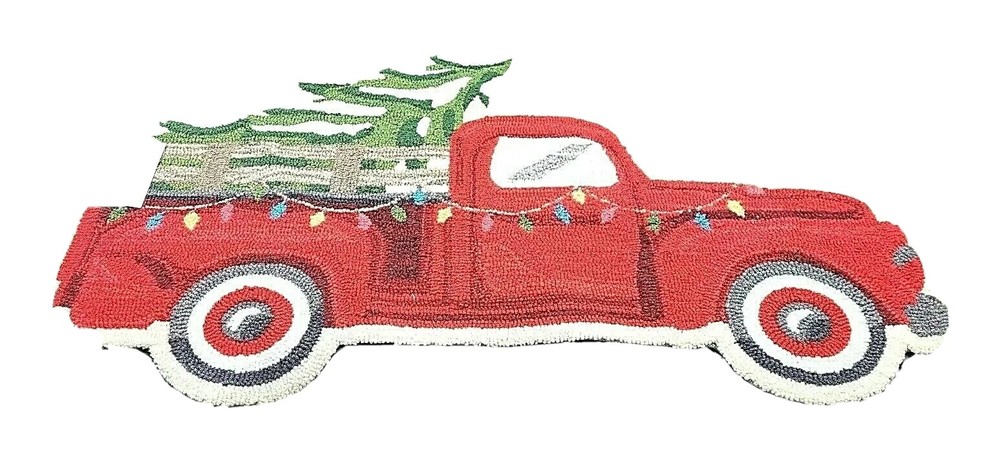 LOLOI Christmas Holiday Accent Rug Red Truck With Tree Shaped Rug 27 x 45-image